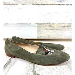 Talbots Womens 11 Green Suede Ryan Dog Embroidered Slip-On Loafers Flats Casual